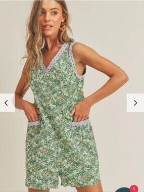 Just Me NWT Green Floral V-Neck Romper with Lavender Rick Rack Trim Size Medium